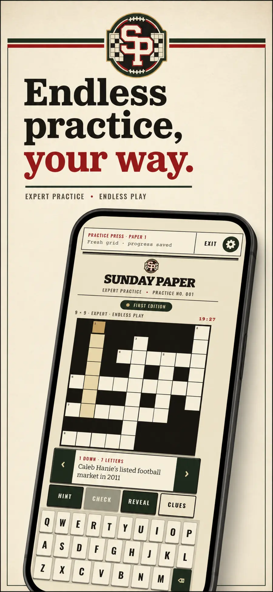 Sunday Paper Expert practice crossword with premium football history challenge