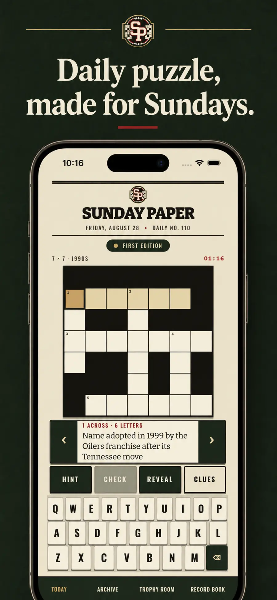 Sunday Paper daily football crossword with clue controls and a large keyboard